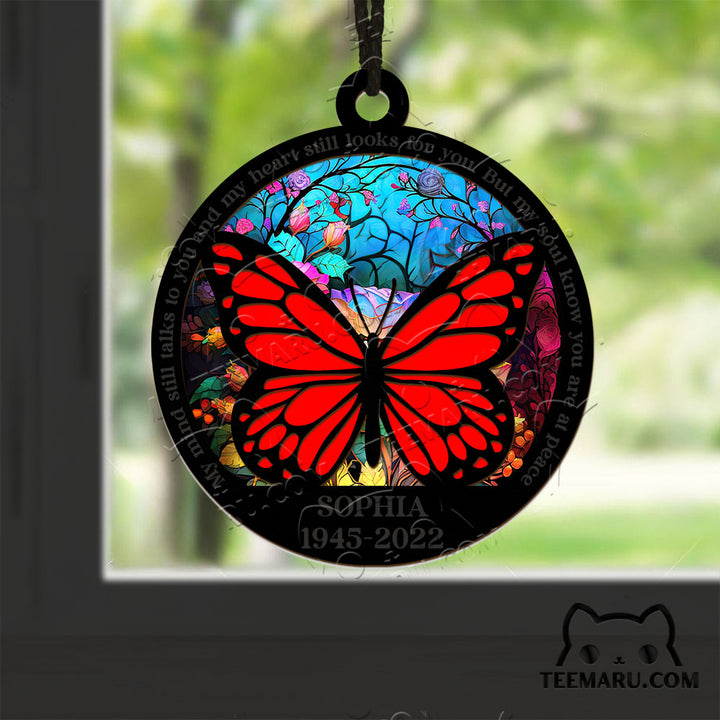 MMSO00207 - Personalized Red Butterfly Memorial Suncatcher Ornament - My Mind Still Talks To You