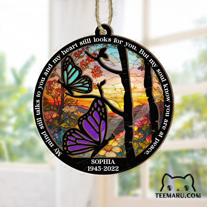 MMSO0105 - Personalized Purple Turquoise Butterfly Memorial Suncatcher Ornament - My Mind Still Talks To You