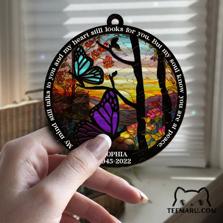 MMSO0105 - Personalized Purple Turquoise Butterfly Memorial Suncatcher Ornament - My Mind Still Talks To You