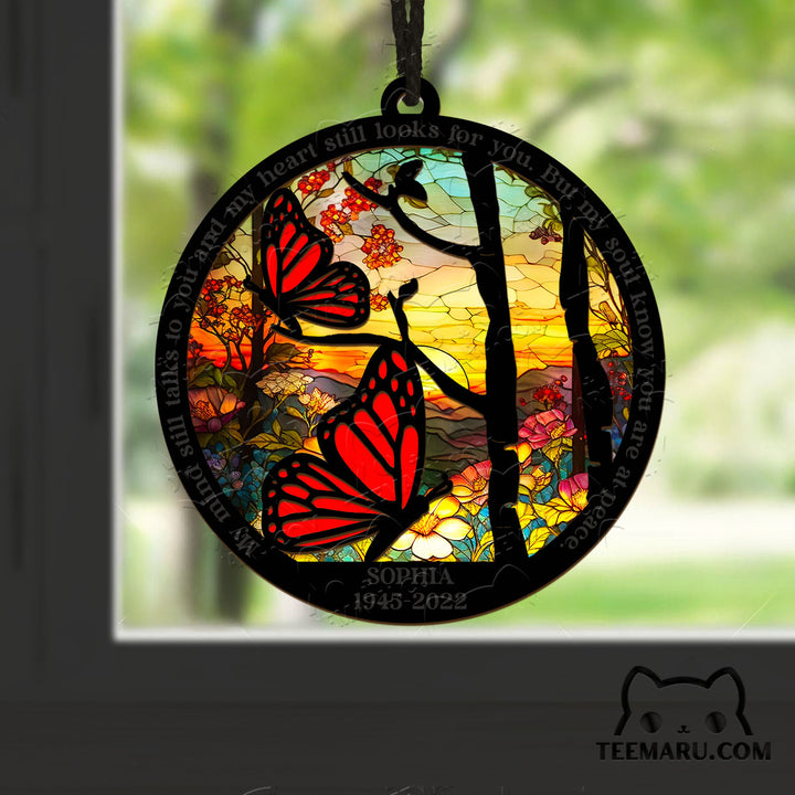 MMSO0106 - Personalized Red Butterfly Memorial Suncatcher Ornament - My Mind Still Talks To You