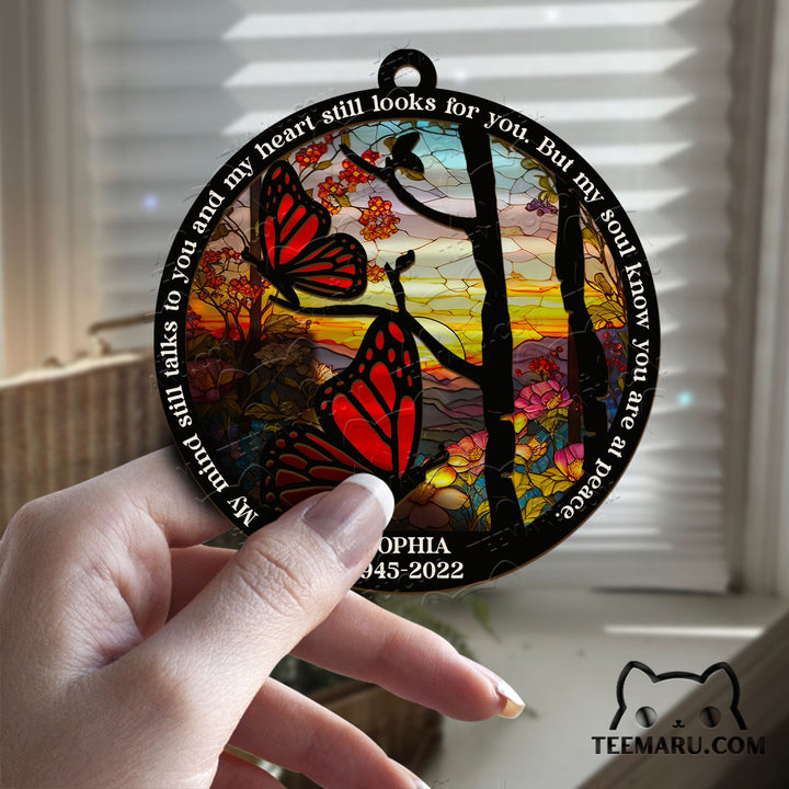 MMSO0106 - Personalized Red Butterfly Memorial Suncatcher Ornament - My Mind Still Talks To You