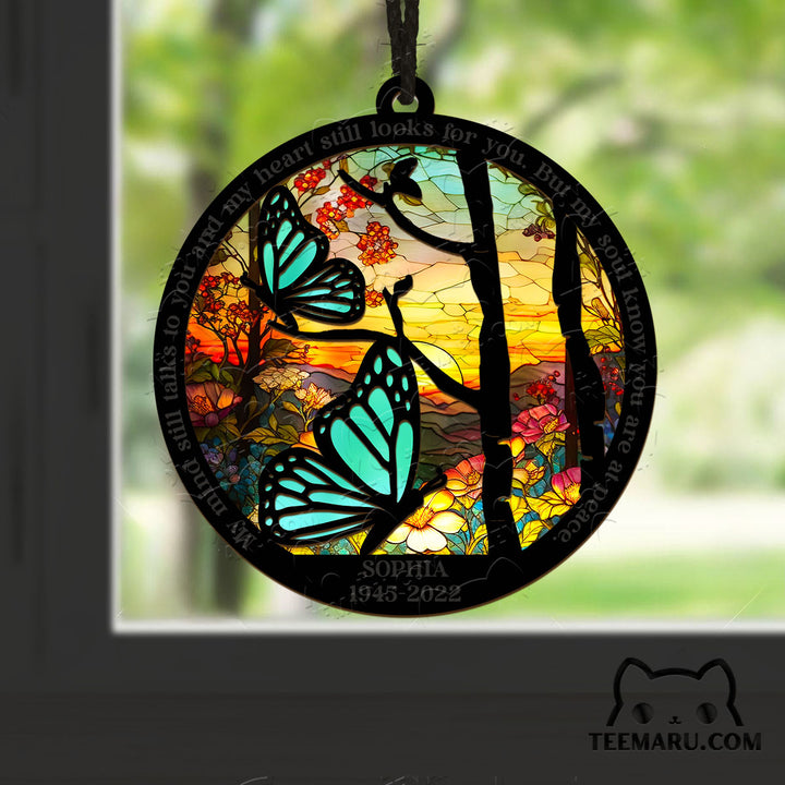 MMSO0107 - Personalized Turquoise Butterfly Memorial Suncatcher Ornament - My Mind Still Talks To You