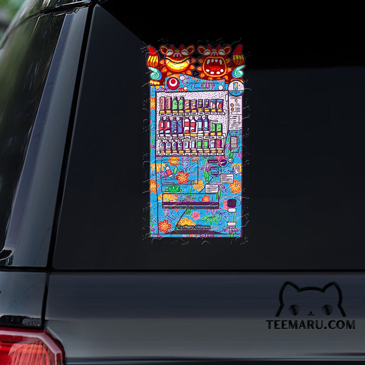 OKDC0194 - Personalized Vending Machine Shisa Dogs Okinawa Car Decal - Blue Bingata