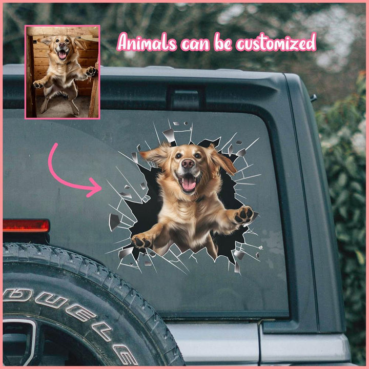 PTDC0013 - Personalized Photo Golden Retriever Pet Car Decal - Cracked Surface Window