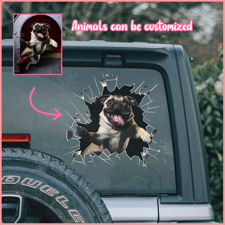 PTDC0019 - Personalized Photo Pug Pet Car Decal - Cracked Surface Window