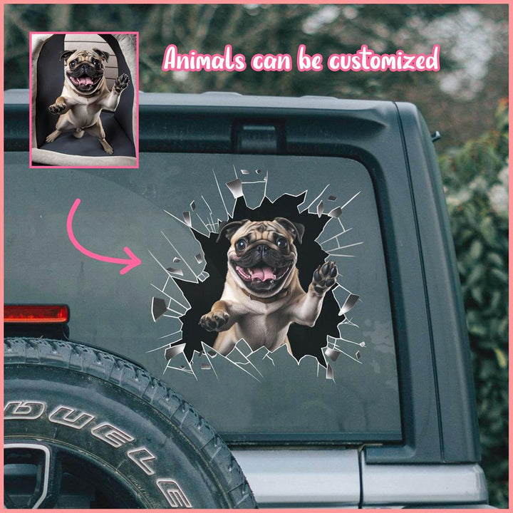 PTDC0020 - Personalized Photo Pug Pet Car Decal - Cracked Surface Window