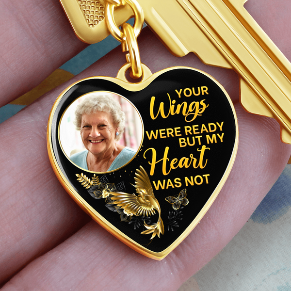 Golden Hummingbird Your Wings HNLVBC0025 Personalized Memorial Heart Keychain