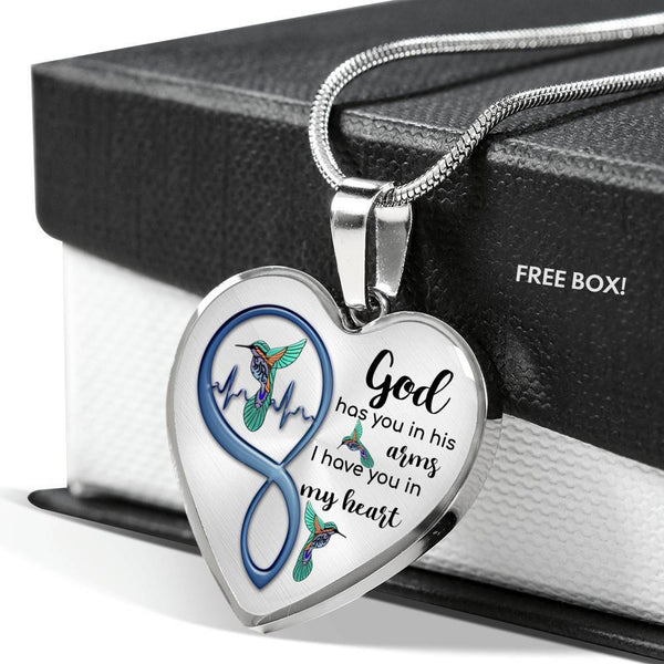 KT0079 Hummingbird God Has You In His Arms I Have You In My Heart Blue Love Infinity Heartbeat Heart Pendant Luxury Necklace with Back Engraving
