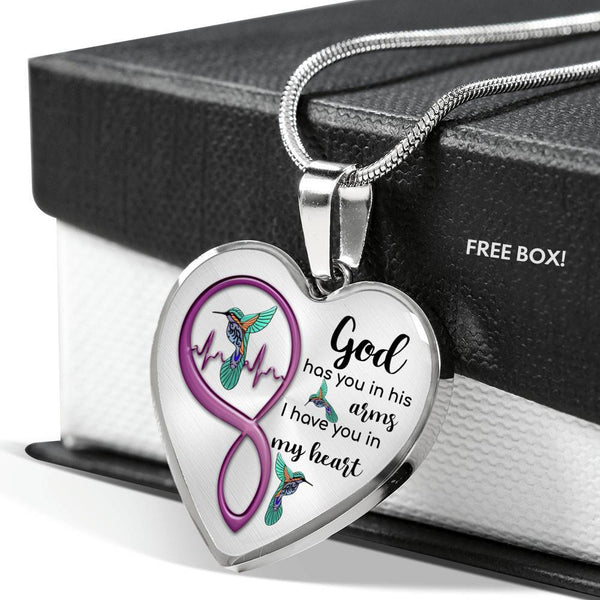 KT0080 Hummingbird God Has You In His Arms I Have You In My Heart Purple Love Infinity Heartbeat Heart Pendant Luxury Necklace with Back Engraving