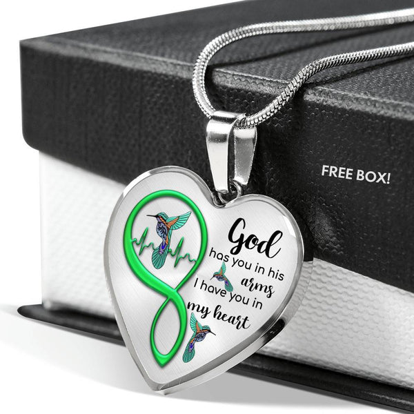 KT0084 Hummingbird God Has You In His Arms I Have You In My Heart Love Green Infinity Heartbeat Heart Pendant Luxury Necklace with Back Engraving