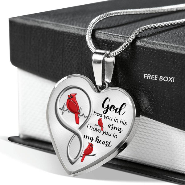 KT0093 Caridnal Red Bird God Has You In His Arms I Have You In My Heart Love Infinity Heartbeat Heart Pendant Luxury Necklace with Back Engraving