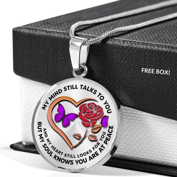 B0708080 My Mind Still Talks To You Purple Butterflies Rose And Rose Gold Heart Shape Luxury Necklace with Back Engraving