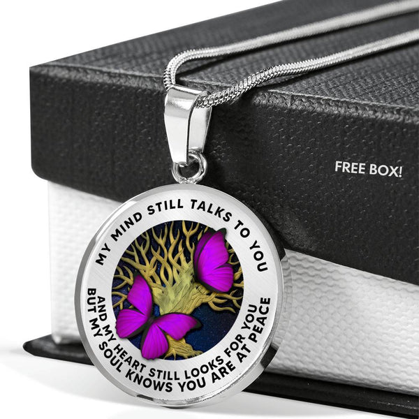 B0706015 My Mind Still Talks To You Purple Butterflies Tree Of Life Luxury Necklace with Back Engraving