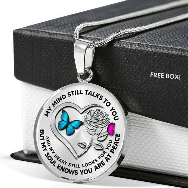 B0708107 My Mind Still Talks To You Turquoise And Pink Butterflies Silver Rose And Heart Shape Luxury Necklace with Back Engraving