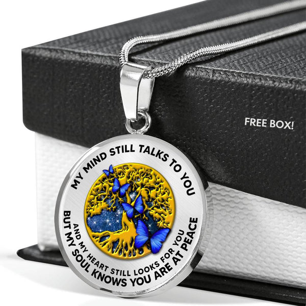 B0706058 My Mind Still Talks To You Four Blue Butterflies And Golden Tree Of Life Luxury Necklace with Back Engraving