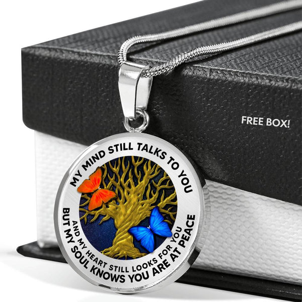B070610 My Mind Still Talks To You Orange And Blue Butterflies Luxury Necklace with Back Engraving