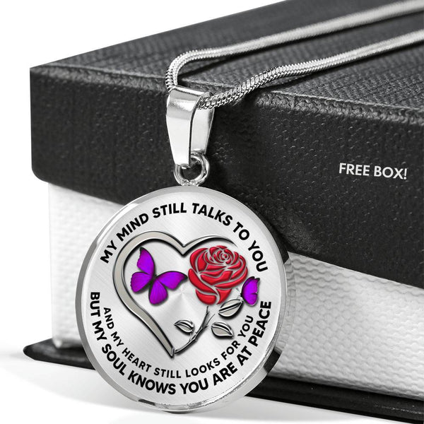 B0708066 My Mind Still Talks To You Purple Butterflies Rose And Silver Heart Shape Luxury Necklace with Back Engraving
