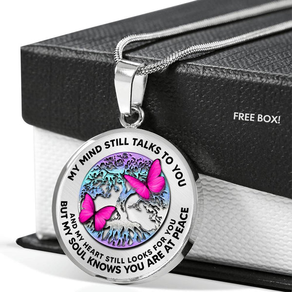 B0706032 My Mind Still Talks To You Pink Butterflies And Metal Tree Of Life Luxury Necklace with Back Engraving