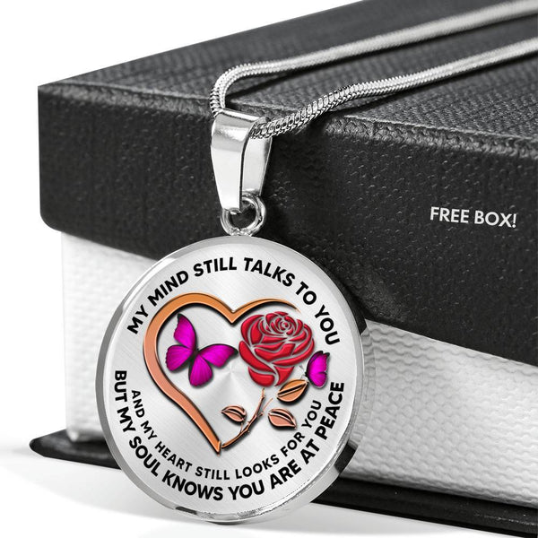B0708081 My Mind Still Talks To You Pink Butterflies Rose And Rose Gold Heart Shape Luxury Necklace with Back Engraving