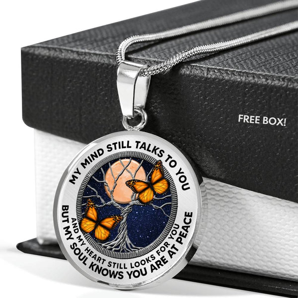 AG0608074 My Mind Still Talks To You Orange Monarch Butterflies Silver Moon Tree Of Life And Galaxy Luxury Necklace with Back Engraving