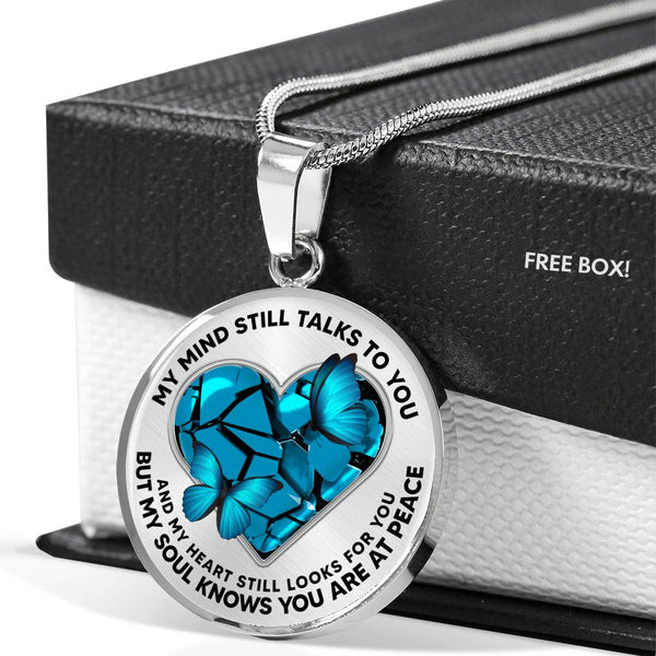 SP0109006 My Mind Still Talks To You Blue Butterflies Broken Heart Luxury Necklace with Back Engraving