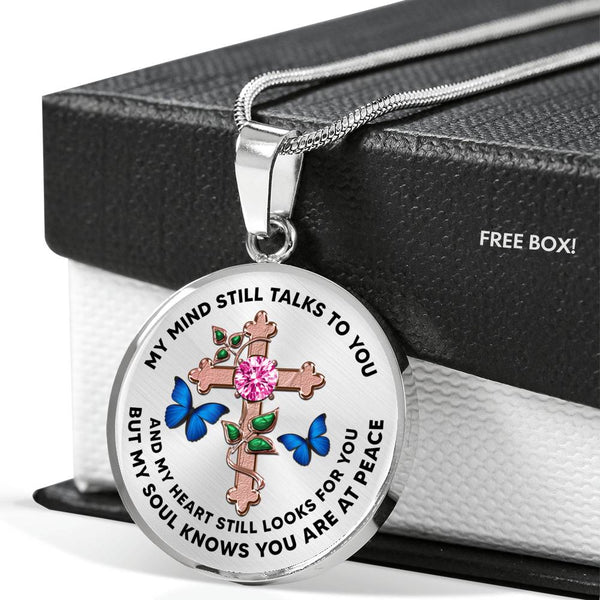 JL2107021 My Mind Still Talks To You  Blue Butterflies Rose Gold Cross Ruby Luxury Necklace with Back Engraving