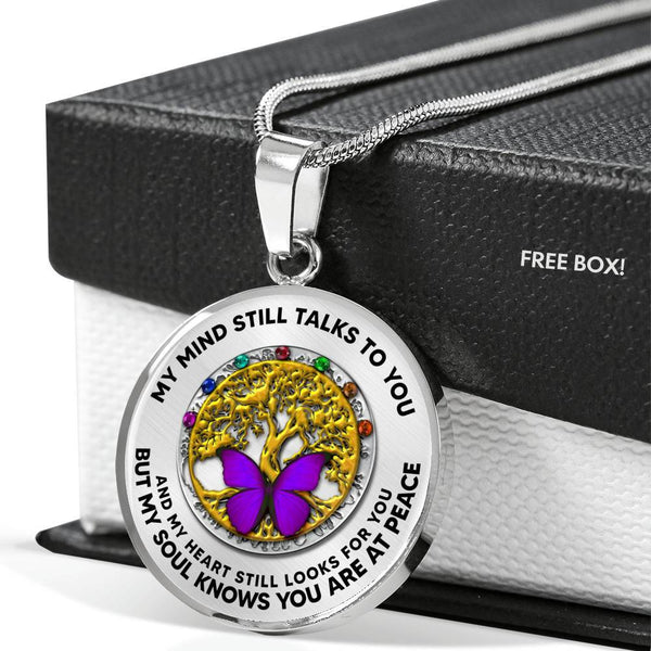 B0706045 My Mind Still Talks To You Purple Butterflies And Seven Chakra Tree Of Life Luxury Necklace with Back Engraving