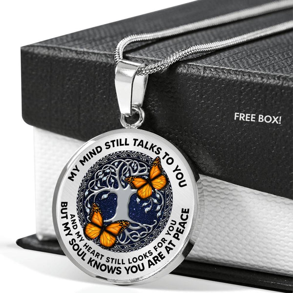 AG0608044 My Mind Still Talks To You Orange Monarch Butterflies Silver Celtic Knot Tree Of Life Luxury Necklace with Back Engraving