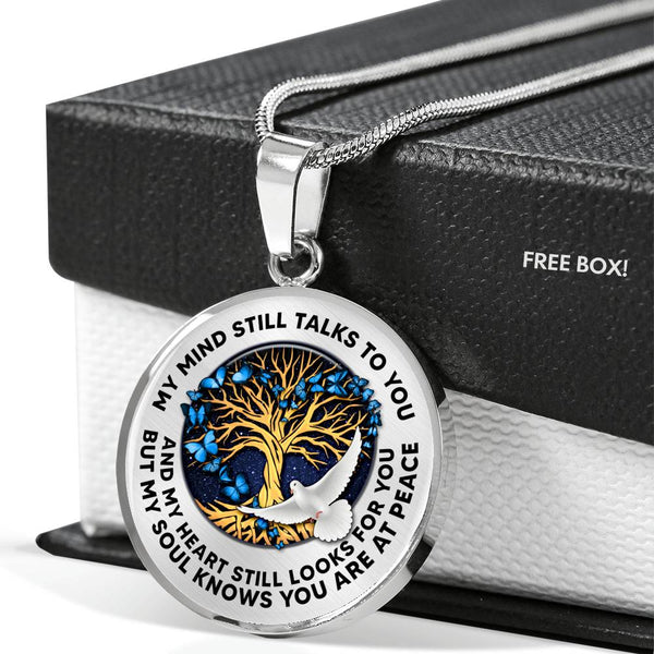 TM0103 My Mind Still Talks To You Dove with Blue Butterflies Tree Of Life Luxury Necklace with Back Engraving