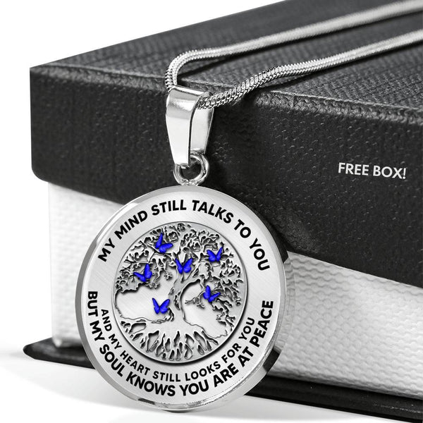 B0706041 My Mind Still Talks To You Six Blue Butterflies And Metal Tree Of Life Luxury Necklace with Back Engraving
