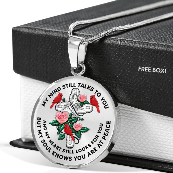 JL2007003 My Mind Still Talks To You Red Cardinals Three Rose Green Leaves  And Silver Cross Luxury Necklace with Back Engraving