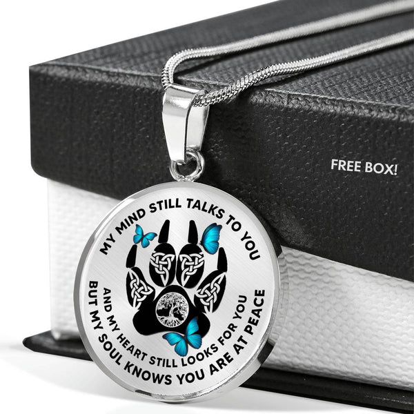 JL1807002 My Mind Still Talks To You Turquoise Butterflies Celtic Knot Paws Luxury Necklace with Back Engraving