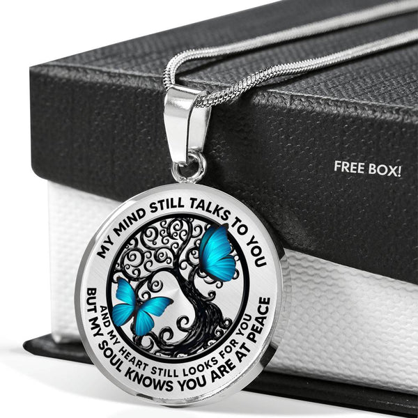 AG0408002 My Mind Still Talks To You Blue Butterflies Black Tree Of Life Luxury Necklace with Back Engraving