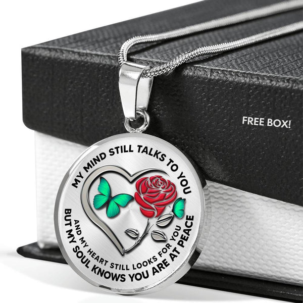 B0708069 My Mind Still Talks To You Green Butterflies Rose And Silver Heart Shape Luxury Necklace with Back Engraving