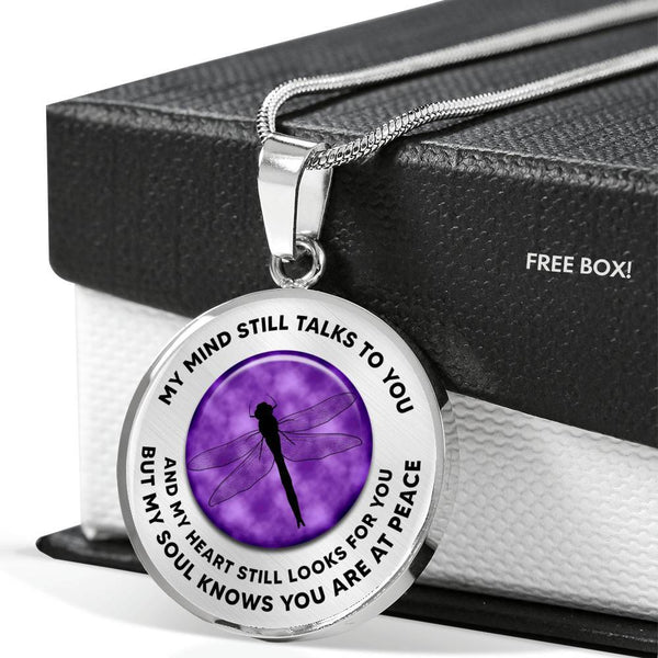 TM0039 My Mind Still Talks To You Dragonfly Silhouttte Purple Circle Luxury Necklace with Back Engraving