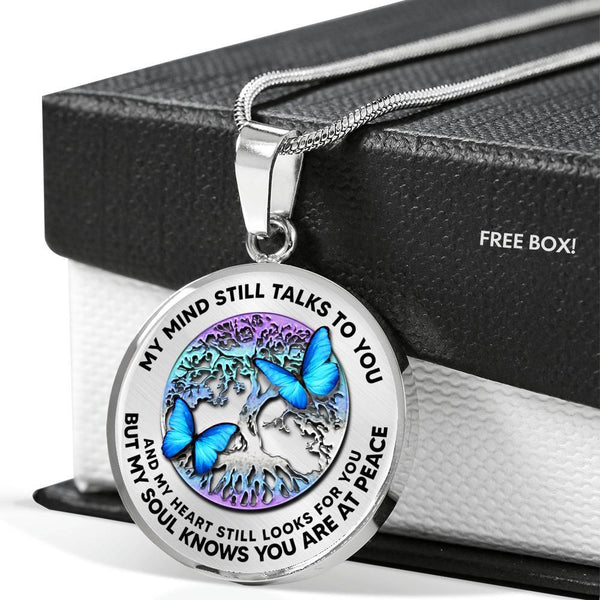 B0706035 My Mind Still Talks To You Turquoise Butterflies And Metal Tree Of Life Luxury Necklace with Back Engraving