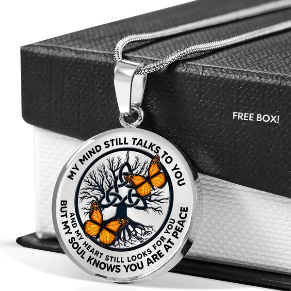 AG0608026 My Mind Still Talks To You Orange Monarch Butterflies Black Celtic Knot Tree Of Life And Galaxy Luxury Necklace with Back Engraving