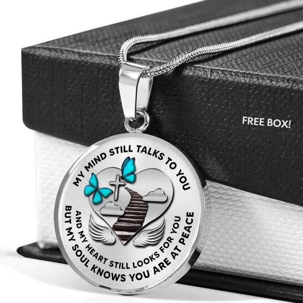 B0713002 My Mind Still Talks To You Turquoise Butterflies Stair Way To Heaven With Silver Cross Luxury Necklace with Back Engraving