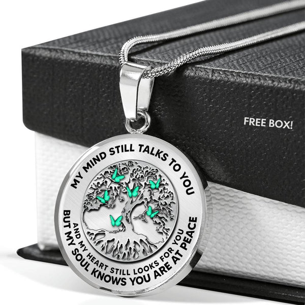B0706043 My Mind Still Talks To You Six Green Butterflies And Metal Tree Of Life Luxury Necklace with Back Engraving