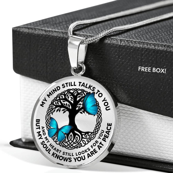 AG0608013 My Mind Still Talks To You Blue Butterflies Black Celtic Knot Tree Of Life Luxury Necklace with Back Engraving