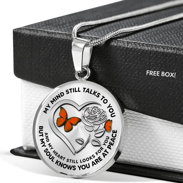 B0708105 My Mind Still Talks To You Orange Butterflies Silver Rose And Heart Shape Luxury Necklace with Back Engraving