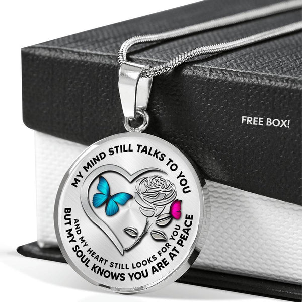 B0708036 My Mind Still Talks To You Turquoise And Pink Butterflies Silver Rose And Heart Shape Luxury Necklace with Back Engraving