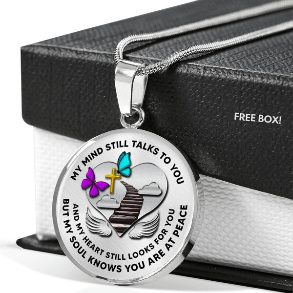 B0713021 My Mind Still Talks To You Purple And Turquoise Butterflies Stair Way To Heaven With Gold Cross Luxury Necklace with Back Engraving