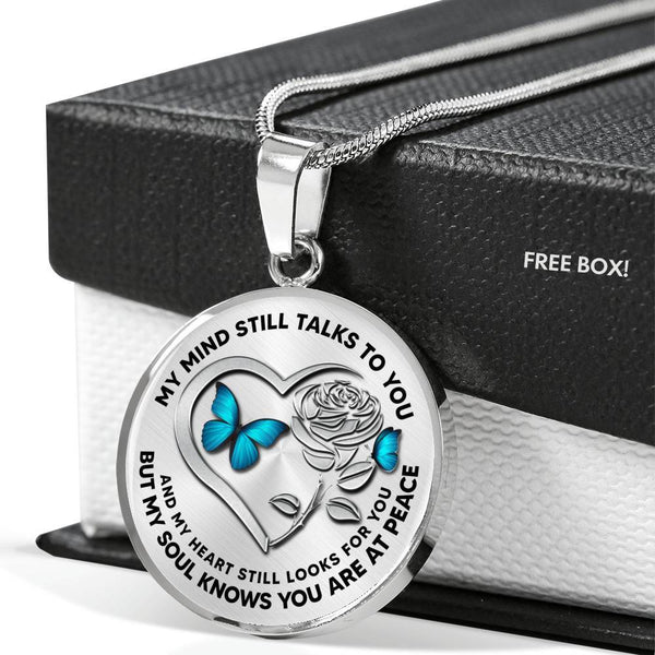 B0708011 My Mind Still Talks To You Turquoise Butterflies Silver Rose And Heart Shape Luxury Necklace with Back Engraving