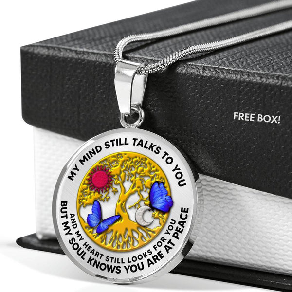 B0706066 My Mind Still Talks To You Blue Butterflies And Tree Of Life Sun And Moon Luxury Necklace with Back Engraving
