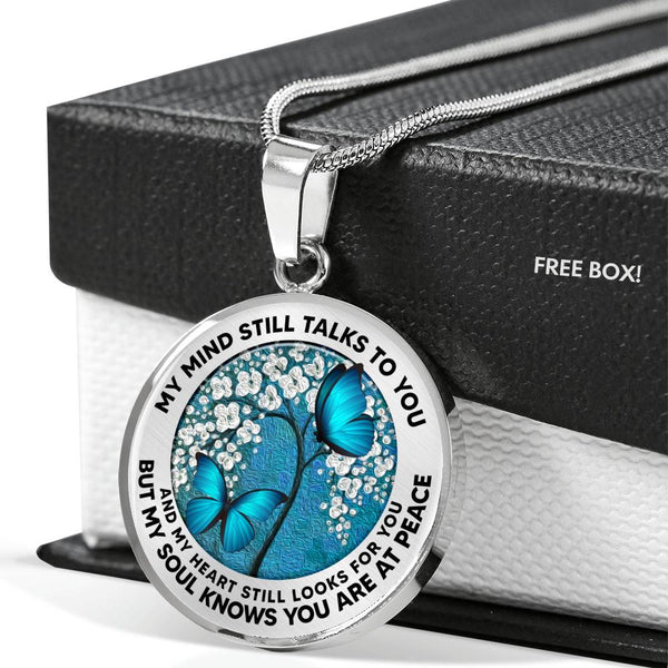 AG2508040 My Mind Still Talks To You Blue Butterflies Flower Luxury Necklace with Back Engraving