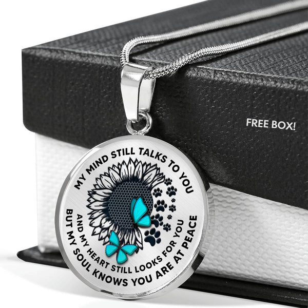 JL1707017 My Mind Still Talks To You Turquoise Butterflies Sunflower And Paws Luxury Necklace with Back Engraving