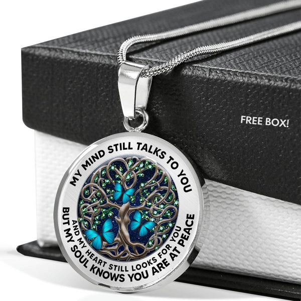 JL2407013 My Mind Still Talks To You Blue Butterflies Brown Celtic Tree Of Life Green Leaf And Galaxy Luxury Necklace with Back Engraving