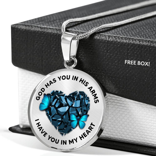 TQ0102 God Has You In His Arms Blue Butterfly Broken Heart Luxury Necklace with Back Engraving