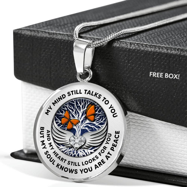 B0713017 My Mind Still Talks To You Orange Butterflies Silver Tree Of Life With Heart Wings Luxury Necklace with Back Engraving